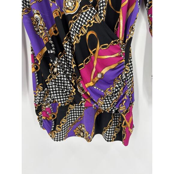 Cache Blouse Womens Medium Multicolor Chain Print Houndstooth Ruched Faux Wrap - Picture 6 of 16